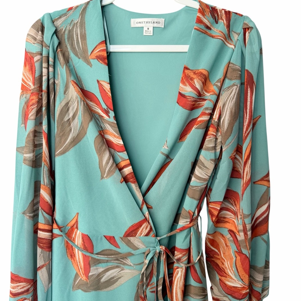 NWT Boutique Long Sleeve Blue & Orange Flowy Floral Wrap Mini Dress, Sm, M, Lg - Picture 6 of 9
